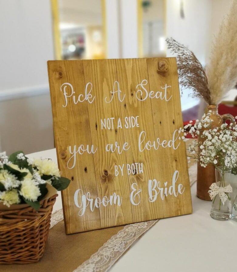 pick a seat not a side rustic wedding table sign