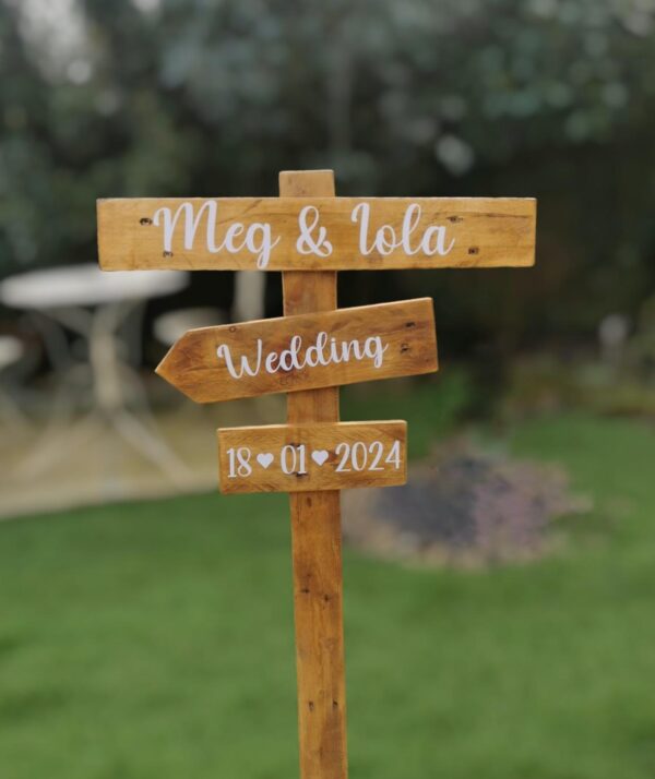 personalised wooden wedding directional sign