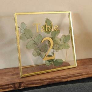 Gold Glass Table Numbers with Pressed Eucalyptus