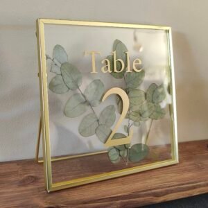 Gold Table Numbers with Pressed Eucalyptus